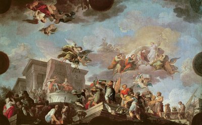 Cristóvão Colombo (1450-1506) Oferecendo o Novo Mundo aos Reis Católicos, antes de 1765 de Antonio the Elder Gonzalez Velazquez